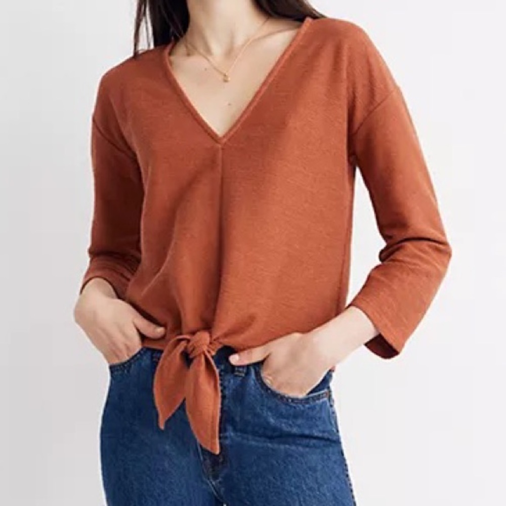 Madewell Women's XXS Orange VNeck Front Tie Short Sleeve Cropped Top